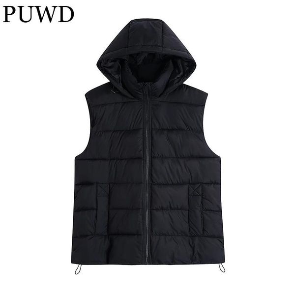 

women's vests puwd fashion women black hooded cotton jacket vest 2021 fall winter warm high street casual all-match parka loose female, Black;white