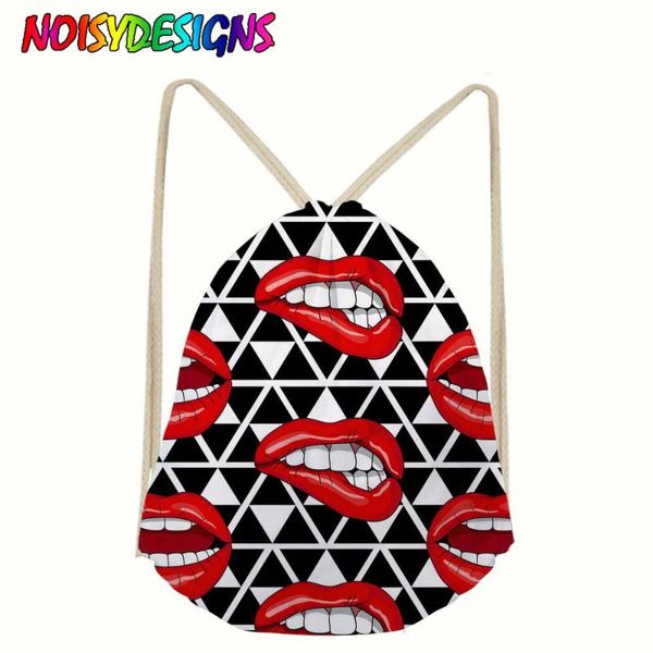 

backpack noisydesigns lips pattern geometrical retro drawstring bag casual girl female string shoes clothe package printing