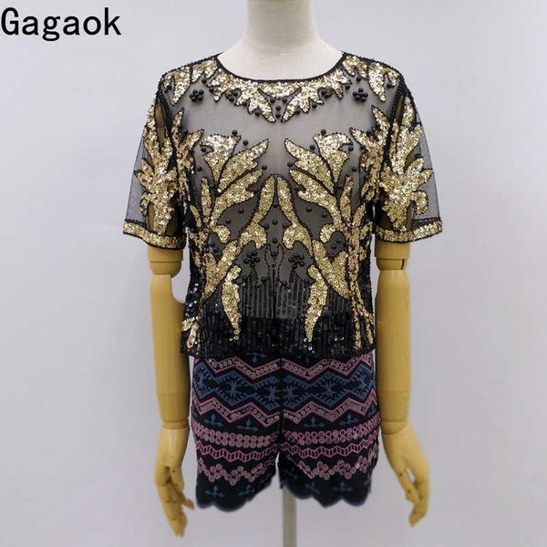 

women streetwear chiffon t-shirt spring autumn o-neck embroidery beaded patchwork slim wild female fashion pullover 210531, White