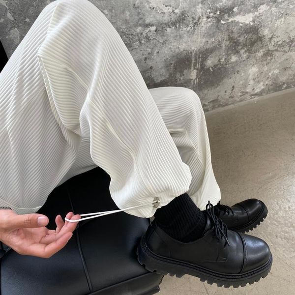 

men's pants pleated straight fashion elastic waist casual men streetwear loose ice silk trousers mens wide leg s-xl, Black