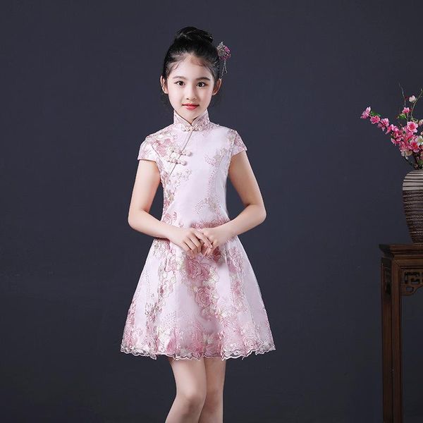 

vintage mandarin collar litter girl qipao a-line evening dresses elegant embroidery flowers satin mini cheongsam skirt show gown, Red