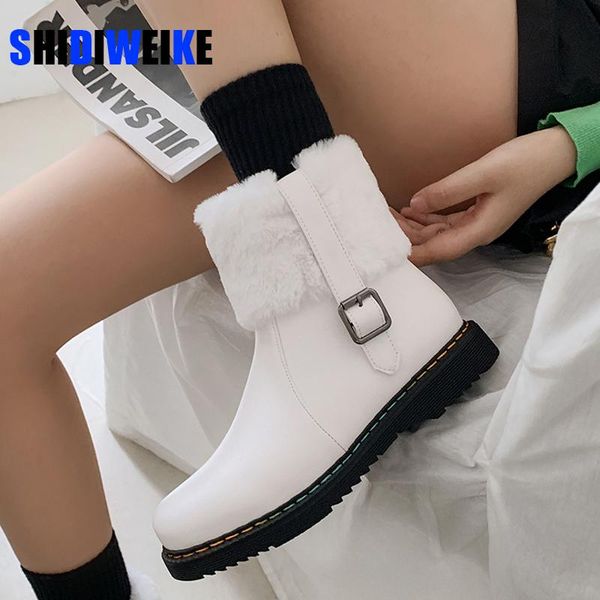 

boots womens ladies basic fashion warm fur plush insole snow buckle platform thick bottom short ankle rubber shoes, Black