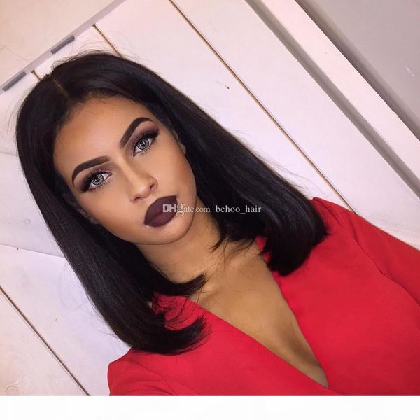 

pre plucked human hair wigs with baby hair silky straight brazilian virgin lace front bob wigs for black women lace frontal wig, Black;brown