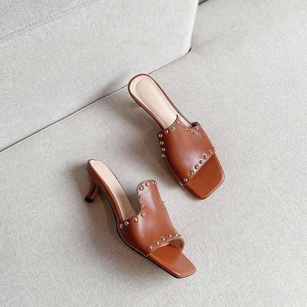 

slippers spring summer women cow genuine leather high heels sandals elegant open toe rivet basic shoes woman, Black