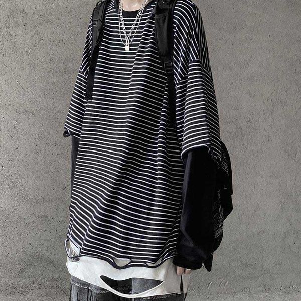 

ripped hole women man contrast long sleeve striped look two piece style loose oversized t shirt t-shirt street korean ha, White