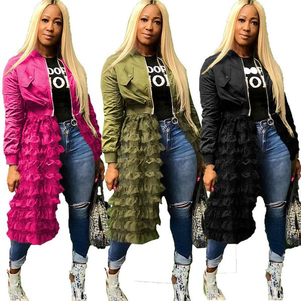 

plus size green bomber jacket women autumn winter streetwear korean harajuku jacket layered mesh ruffle black long coat outwear s20210106, Black;brown