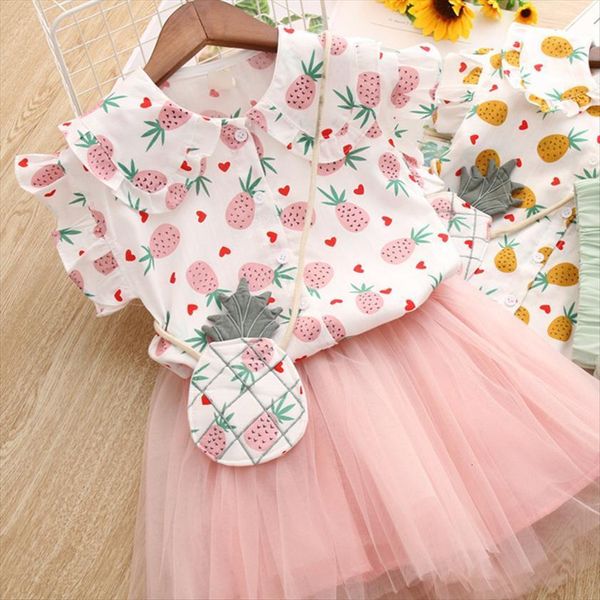 

children clothing sets summer pineapple printed shirt tutu skirt bag 3pcs baby girl outfit, White