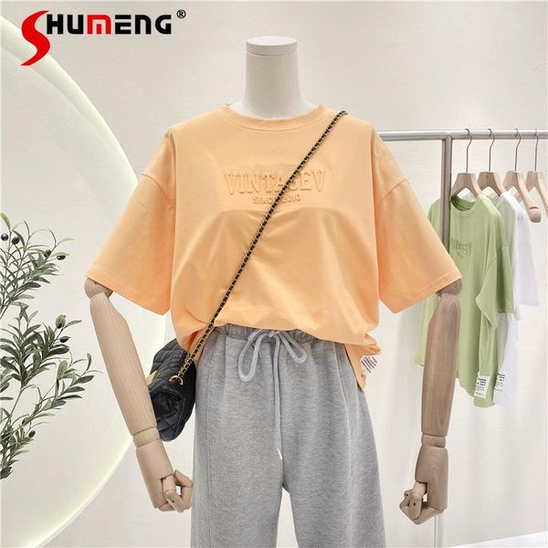 

women's t-shirt 2021 summer short-sleeved solid korean-style 3d letters comfortable cotton women loose fashion simple ladies tee, White