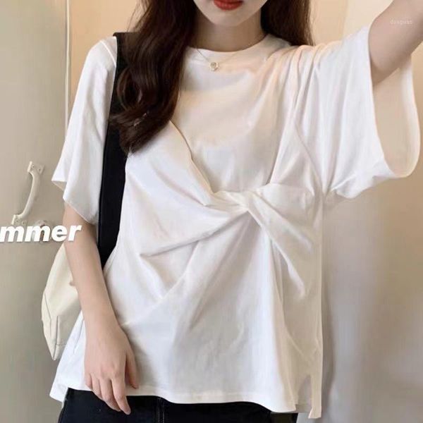 

women's casual bow short sleeve t-shirt cotton loose niche design shirt, White