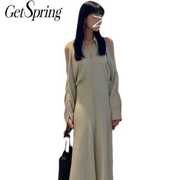 

getspring women dress hollow out off shoulder long es sleeve vintage high waist girls summer 210601, Black;gray