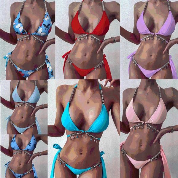 

women's swimwear lake blue crystal diamond bandage european and american foreign trade triangle bikini gather, White;black