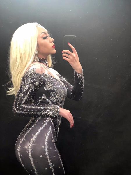 

big glass diamond full sparkling crystals black women stage dj jumpsuit nightclub birthday party stage wear dancer singer outfit, Black;red