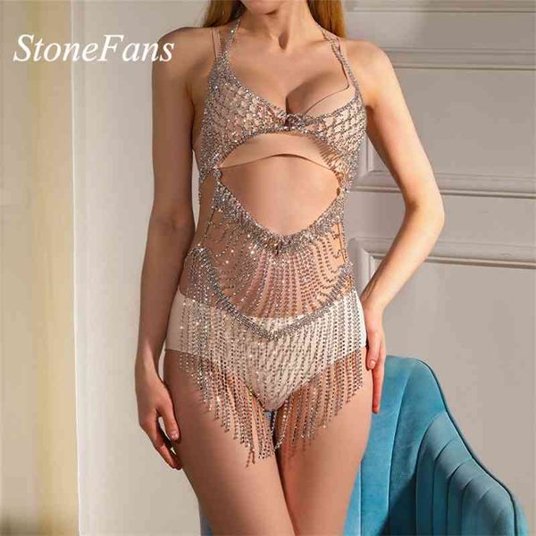 Stonefans Lüks Rhinestone Püskül Tam Vücut Kristal Bodysuit Elbise Sexy Lingerie Zincir Sutyen Kadınlar Için Rave Kıyafet Takı