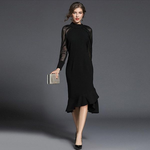 

casual dresses 2021 sprng autumn ol black elegant bodycon dress for women long sleeve see through mermaid ladies office vestidos, Black;gray