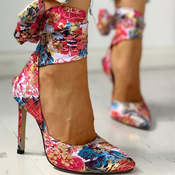 

dress shoes super high heel sandals women's floral print tie ankle thin heels lady pumps stiletto summer sandalias, Black