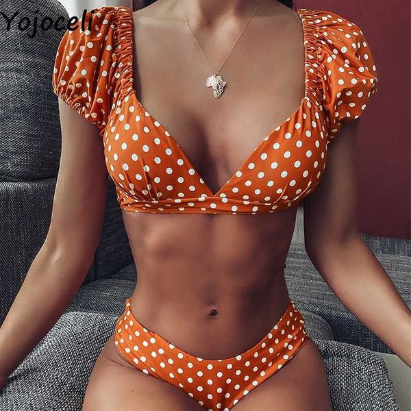 YOJOCELI Zarif Polka Dot Kısa Kollu Mayo Kız Yaz Serin Plaj Mayo 2 Parça Set Rahat Seksi Sevimli Bikini Kadınlar 210609