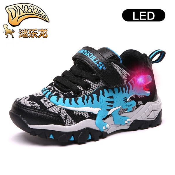 

dinoskulls autumn tennis glowing sneakers boys dinosaur led light breathable children's sports shoes knitted kids t-rex footwear 210303, Black