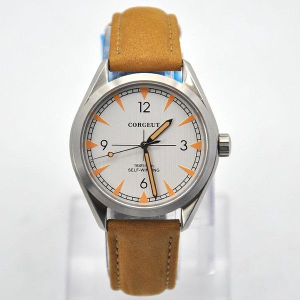 

wristwatches corgeut mens watch 41mm white dial miyota8215 automatic movement waterproof luminous sapphire glass 16 ss case, Slivery;brown