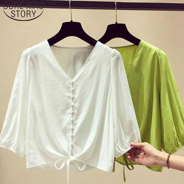 Мода женская блузка повседневная женщин топы лето с коротким рукавом зеленый и белый шифон V-образным вырезом женская одежда 5391 50 210527