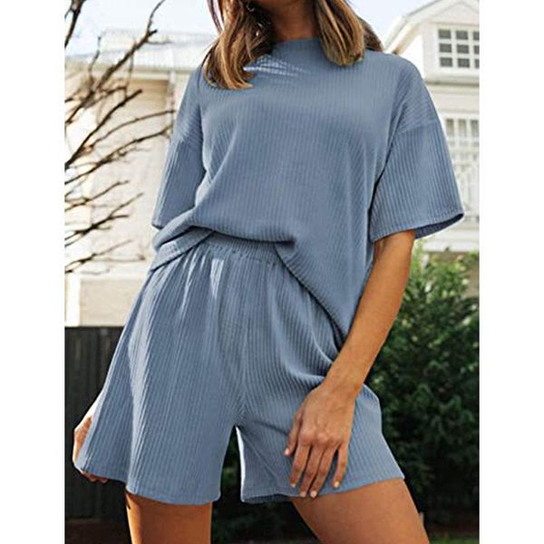 

women's tracksuits summer fashion sports suit round neck short-sleeved pullover t-shirt + high waist casual loose shorts two-piece, Gray