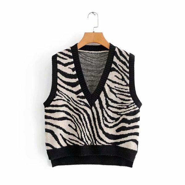 

vest, vest, coat, knitted women's sweater outside in autumn, zebra print outside, loose trendy v-neck, White