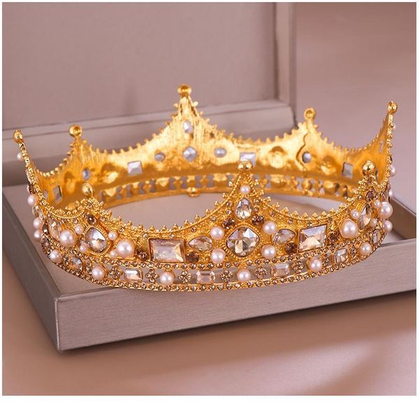 

vintage gold royal crown round tiara bride head jewelry pearl crystal hair accessories wedding crown ornaments headban qylqvu