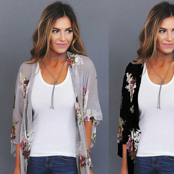 

plus size women holiday lace loose floral print coat lady floral kimono cardigan ladies summer jacket s xxxl, Black;brown