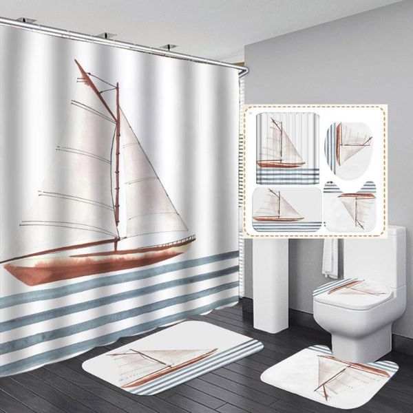 

shower curtains white ship sail curtain sea simple scenery with non slip rug mat bathroom waterproof polyester home decor 180cm