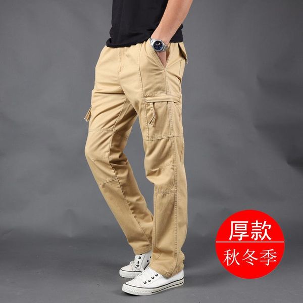 

men's pants 2021 thick casual multi-pocket cargo straight loose track, Black