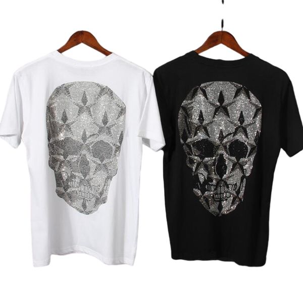 

casual asian size cotton men's t-shirts rhinestones apparels with fashion skull black white, White;black