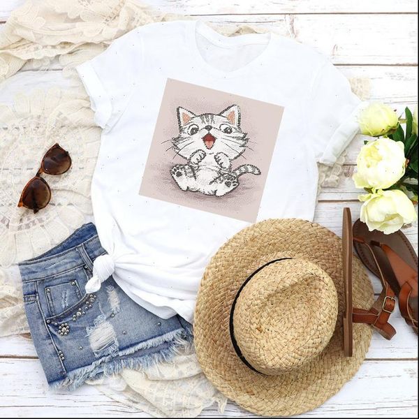 

women graphic cat funny printed kawaii cartoon halloween fashion tees clothing female print t shirt womens t shirt, White
