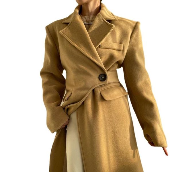 

women's wool & blends autumn winter woolen trench loose long coat women irregular design vintage one button streetwear korean chic outw, Black