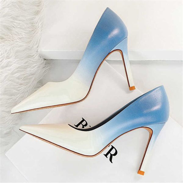 

famous brand 2022 new women 9.5cm high heels plus size 43 scarpin pumps lady fetish gradient wedding bridal stripper blue quality shoes desi, Black