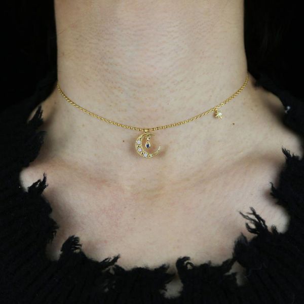 

chokers trendy necklaces micro pave cz star and crescent moon copper charms pendants jewelry for women 2021, Golden;silver