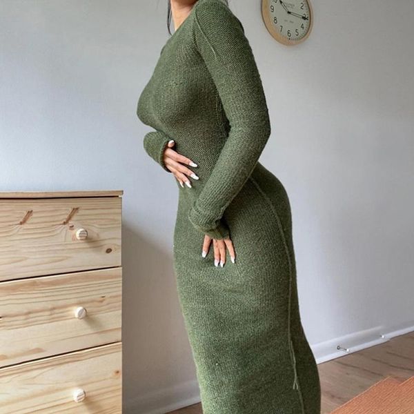 

casual dresses women autumn pencil dress winter o-neck clubwear party 2021mujer ribbed robe knitted long sleeve bodycon maxi g3033, Black;gray
