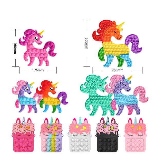 Fidget giocattoli nuovi stili Rainbow Unicorn Push Bubble Decompressione Giocattolo per bambini Silicone Desktop Game Borsa da portafoglio