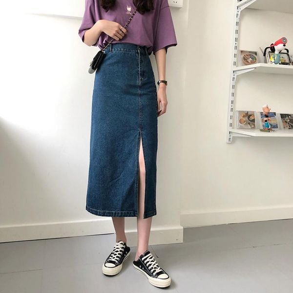 

skirts 2021 summer korean style loose ins versatile casual denim skirt women's split mid-length h, Black