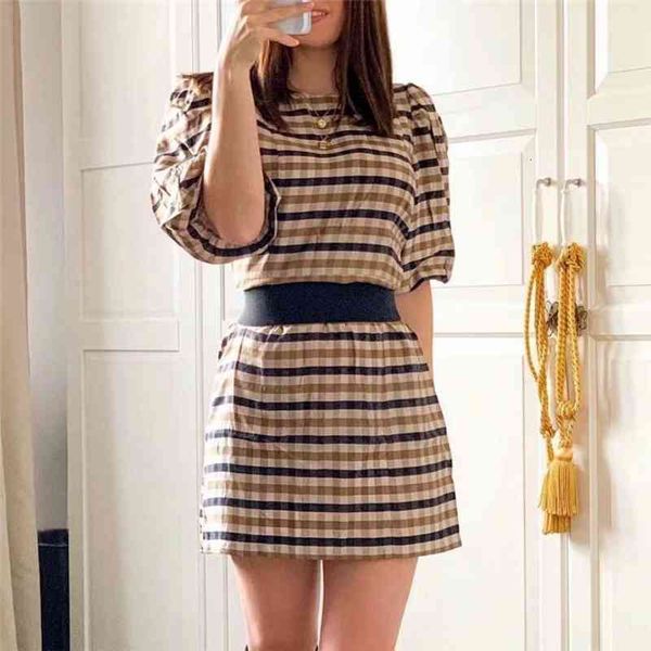 

women's t-shirt elegant women khaki plaid dresses 2021 summer fashion ladies puff sleeve vestidos streetwear female chic o-neck mi, White
