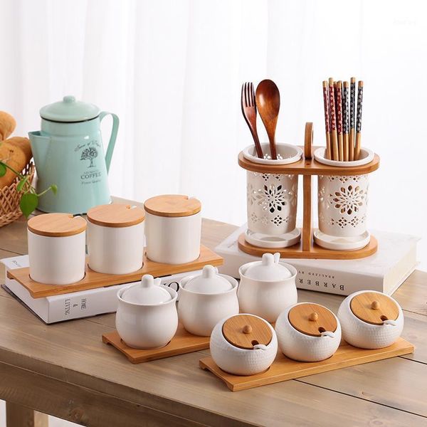 

storage bottles & jars ceramic condiment jar salt shaker wood cover seasoning olive oil bottle sugar bowl kitchen tank