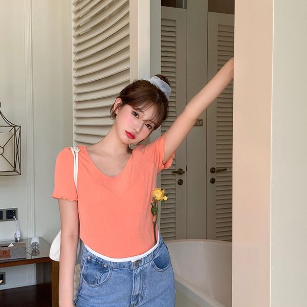 

2021 new 6colors summer crop soild color v neck short sleeve slim t shirts womens tee shirt femme (r98262) wzvn, White