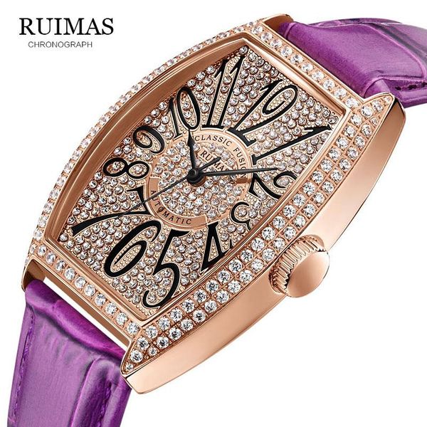 

wristwatches women watches automatic mechanical ladies watch tonneau leather strap casual dress wristwatch rl6757l-purple, Slivery;brown