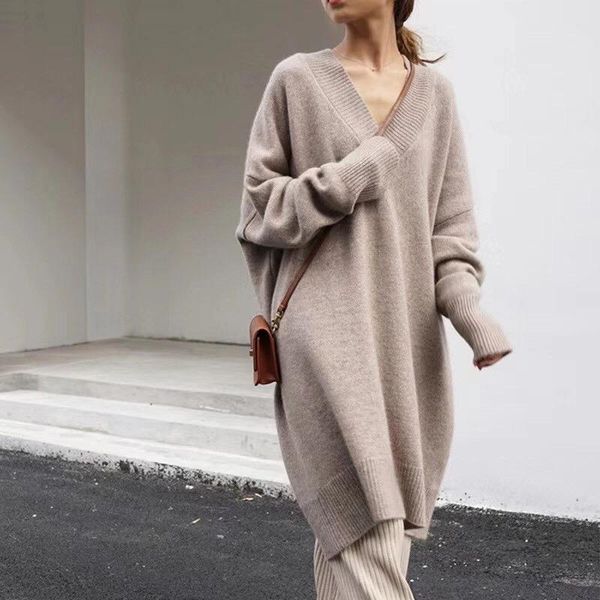 

women's sweaters korean fashion autumn long knitted sweater pullover women winter v-neck oversized loose jumper streetwear femme, White;black