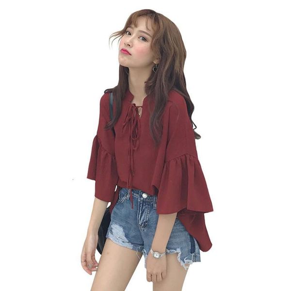 

women's solid summer enlargement female blouses elegant lace up shirt ladies chiffon blusa new 2021 d197 aos1, White;black