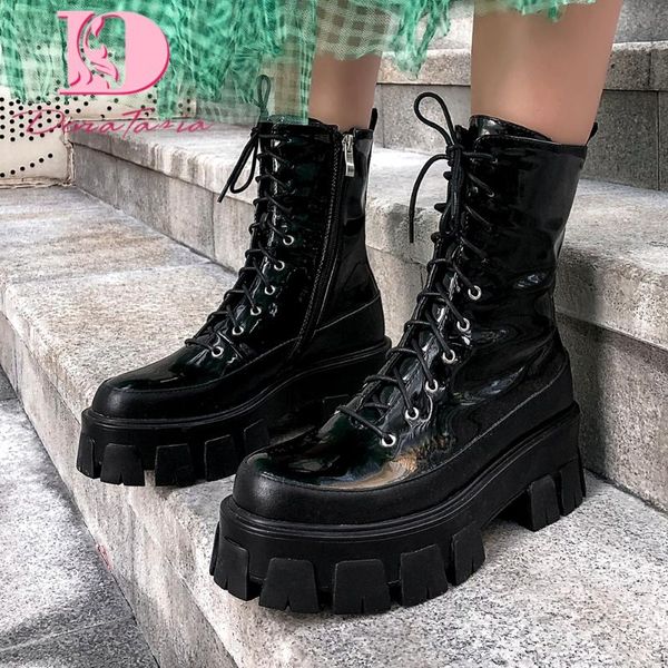 

boots doratasia brand ladies genuine leather motorcycle fashion chunky high heels ankle women platform shoes woman, Black