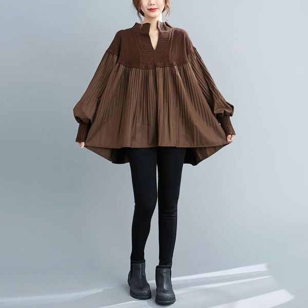 

solid loose slimming plus size autumn style knitted patchwork stand women blouses drop, White