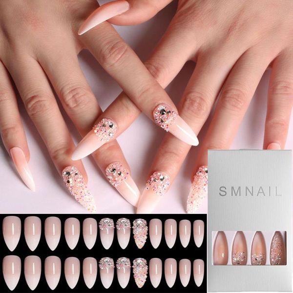 

false nails 24pcs/box long almond french rhinestone stiletto fake full cover nail tips press on diy detachable, Red;gold