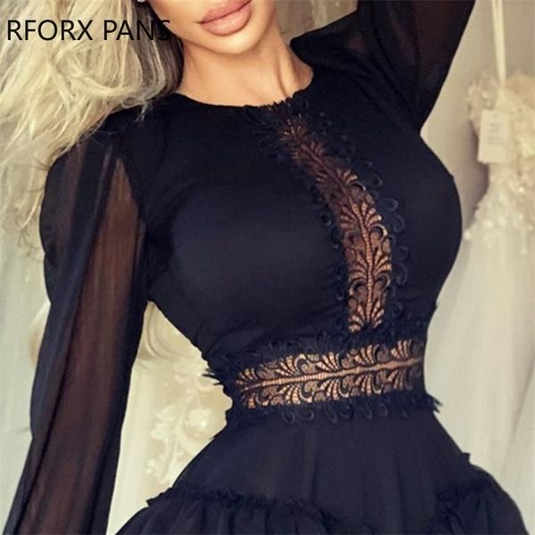 

women stitching lace solid color long sleeve mini casual elegant dress, Black;gray