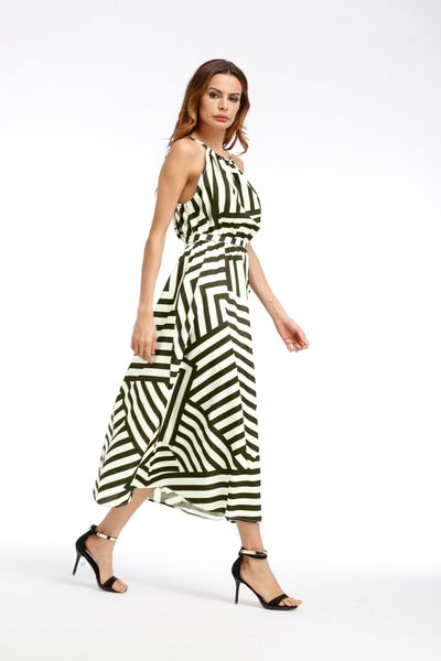 

simple woman summer dress bohemian dress long evening stripe solid color beach dress with strap, White