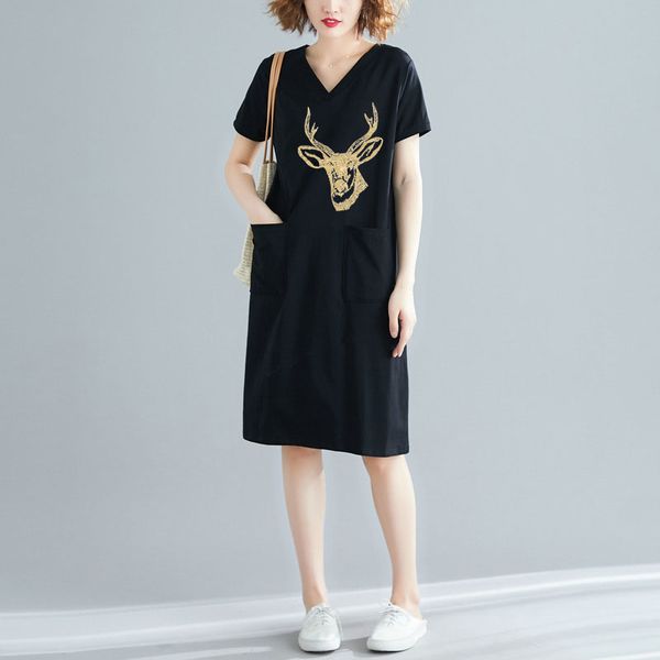 

loose midi dress women casual christmas golden elk print korean fashion silid 3xl slim tshirt v-neck black straight vestido streetwear y2k, Black;gray