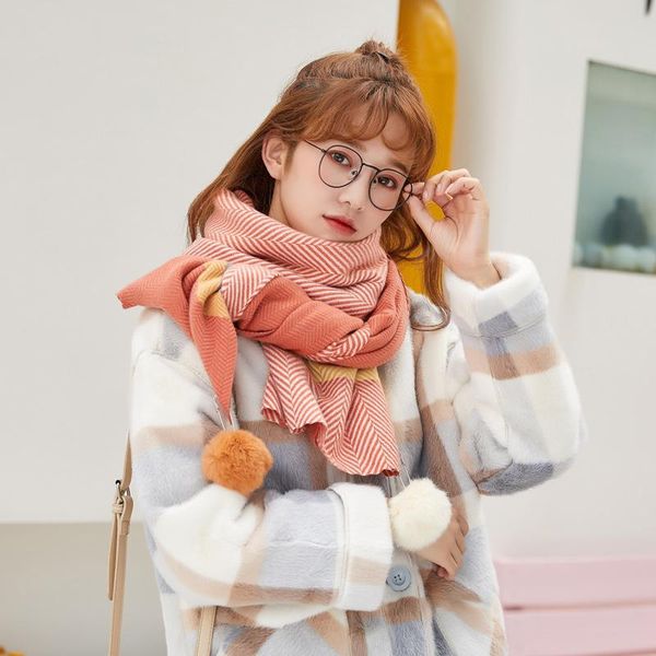 

scarves 200cmx70cm thickened color matching cashmere scarf women's korean version fleece warm neckband versatile ball shawl, Blue;gray